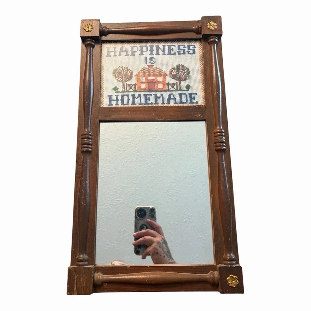 VTG Wood Framed Embroidery w Mirror Happiness Is Homemade Granny Core 19 x 10